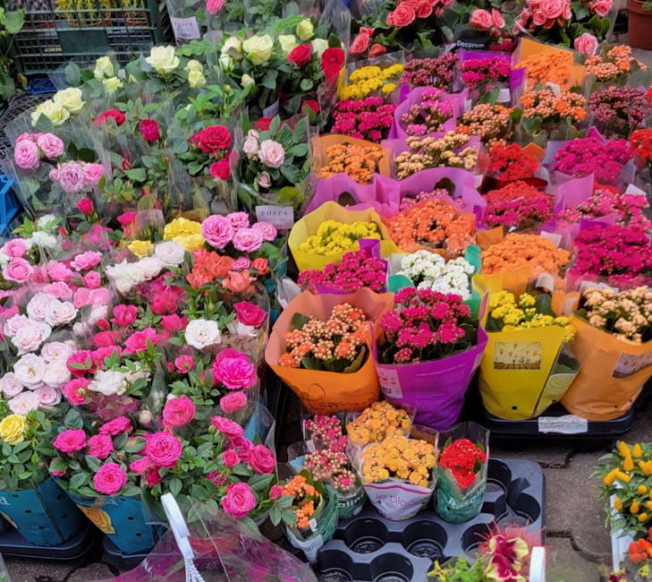 A vibrant display of flowers at a florist's shop, featuring an array of pink, white, and yellow roses, along with various colorful bouquets wrapped in bright pink, orange, yellow, purple, and green pa