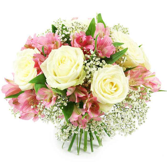 A lush, dome-shaped bouquet of creamy white roses, pink alstroemeria, and airy white baby's breath fills the frame, set cleanly against a bright white background that emphasises the crisp edges and subtle tones of each bloom. Dominating the arrangement are several large white roses in full flower, their petals unfolding in concentric layers that create both structure and softness, with just a hint of pale yellow warmth at the centres that keeps the whites from feeling stark. Intertwined among them are plentiful stems of alstroemeria in cheerful shades of fuchsia and soft pink; each trumpet-shaped flower shows multiple petals, gently flared, adorned with fine streaks and speckles that deepen toward the core, adding a painterly level of detail to the bouquet. Finer, more delicate texture comes from the Gypsophila, or baby's breath, which is woven throughout the design. Its tiny white florets, clustered along thin branching stems, form a soft, cloud-like halo that lightens the overall composition and fills spaces between the larger flowers without overwhelming them. Surrounding and supporting the blooms, deep green foliage extends in curved lines that suggest fresh growth, echoing the greenery of East Finchley's residential gardens and the paths around Cherry Tree Wood. At the base, the bouquet's stems are clearly visible, drawn together in a tight, neat bundle typical of a professional hand-tied arrangement ready to be placed directly into a vase in a nearby home. Bright, even lighting highlights every nuance of texture-from the velvety rose petals to the slightly waxy alstroemeria and the feathery Gypsophila-creating an impression of freshly cut flowers just prepared for delivery across East Finchley. The mood is one of gentle celebration and heartfelt sentiment, suitable for anniversaries, birthdays, or simply sending warm wishes.