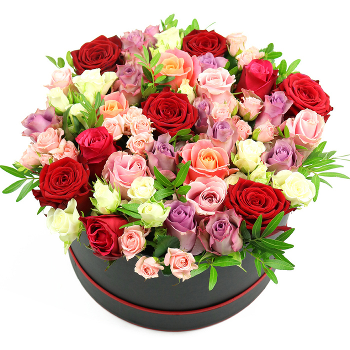 An opulent bouquet of roses overflows from a round hatbox-style container, photographed against a clean white background that brings every colour and texture into focus, much like a hero display in an East Finchley Flowers shop window. The hat box is a deep black cylinder with a refined matte or semi-matte finish, encircled near the base by a slim, even band of red that adds a discreet yet striking accent. From this sophisticated base rises a generous, dome-shaped arrangement, tightly packed so the viewer sees an almost uninterrupted field of petals. At its heart, rich crimson and scarlet roses command attention, their velvety layers suggesting heartfelt passion and devotion. Around these, romantic fuchsia and blush pink roses blend with warm coral, apricot, and peach blooms, creating a soft, sunset-like gradient that feels inviting and celebratory, like friends gathering in a cosy East Finchley home. Creamy white and ivory roses are threaded throughout, providing lightness and contrast, while notes of lavender and muted purple roses contribute a contemporary, refined edge. The roses appear in varying stages of opening, from tightly furled buds that promise future beauty to fully open, multi-petalled blossoms whose spiralling centres draw the gaze inward. Delicate sprigs of greenery, possibly ruscus or eucalyptus, are tucked thoughtfully between the flowers, their narrow leaves and cool green tones framing the petals and preventing the design from feeling heavy. The careful balance of colour, form, and foliage reveals the hand of an experienced florist. With its polished presentation and romantic mood, this hatbox arrangement is perfectly suited to anniversaries, birthdays, Valentine's Day, or any intimate celebration in and around East Finchley.