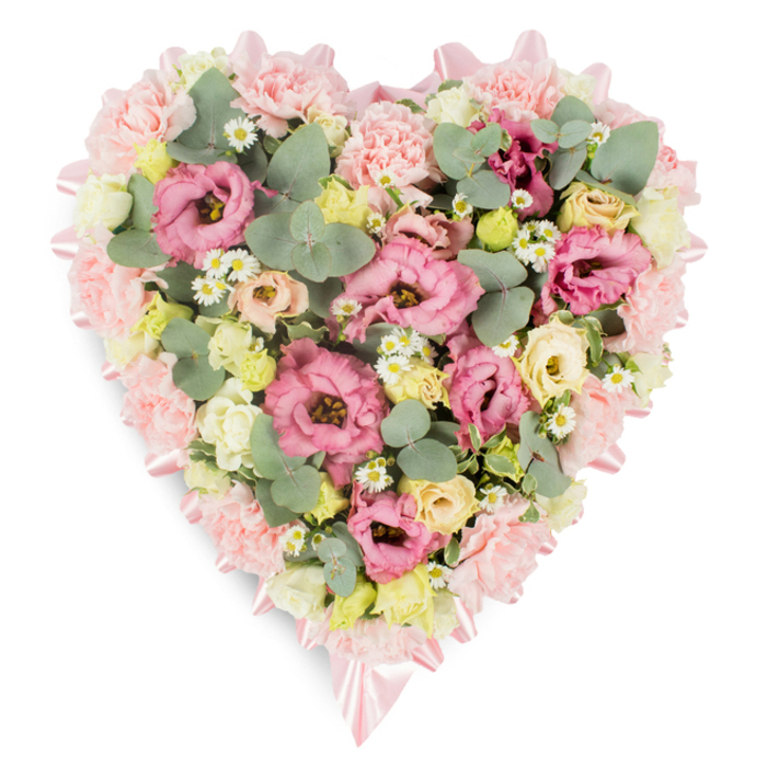 Set against a bright white backdrop, this meticulously crafted heart-shaped floral tribute draws the eye with its soft colours and careful detailing, evoking the craftsmanship of a local East Finchley florist who understands the quiet needs of a family in mourning. The heart's outline is gently built from a continuous band of pale pink carnations and similarly textured pastel flowers, each bloom overlapping slightly to create a plush, rounded border with no hard edges. Following the curvature of this floral frame is a fine soft pink satin ribbon, its subtle shine adding elegance without distraction. At the dip of the heart and at the lowest point, the ribbon is tied into refined bows, like small gestures of care placed thoughtfully by hand. Inside this border, the central area is densely filled with ruffled pink lisianthus, their petals unfolding in varied shades of rose and blush, forming a rich, romantic centre. Around them, clusters of creamy yellow and ivory spray roses nestle into the gaps, infusing the design with a soft golden warmth, reminiscent of evening light falling across East Finchley's quiet residential streets. Tiny white daisy-like blooms with bright yellow centres, echoing chamomile or feverfew, are lightly sprinkled through the arrangement, breaking up the pinks and creams with cheerful, modest brightness. Rounded eucalyptus leaves in a silvery-green tone curve among the blossoms, their cool colour and rounded shapes offering both visual balance and a subtle sense of calm, while touches of darker green foliage provide depth and structure. The entire heart appears full yet harmonious, a floral tribute suited to a funeral, chapel of rest, or memorial gathering across East Finchley and Muswell Hill, expressing love, gratitude, and enduring remembrance in a language of gentle colour and texture.