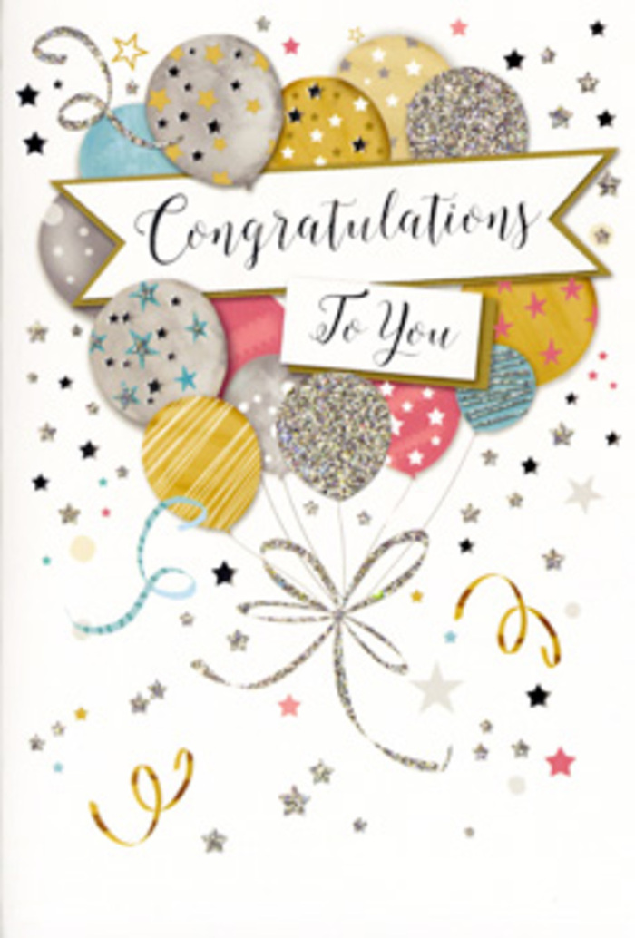The front of this congratulations card is a charming tableau of balloons, ribbons, and subtle sparkle, echoing the lively yet relaxed spirit of East Finchley on a weekend morning. A pale, ribbon-like banner runs across the centre, slightly arched and gently shaded, giving it a soft, three-dimensional feel. On this banner, the phrase Congratulations To You appears in an elegant, flowing script of metallic gold, the letters sweeping gracefully from one side to the other, as if written with a fine calligraphy pen. Emerging from behind the banner, a generous cluster of rounded balloons floats upward, filling the top portion of the card. Each balloon is illustrated with care in muted celebratory tones: warm gold, cool silver, delicate rose pink, sky blue, and misty grey. Their surfaces are patterned with twinkling stars, subtle vertical stripes, or fine, glitter-like speckles that suggest texture and depth. Long, slender ribbons drift from their bases in curling strokes of gold and silver, crossing and looping together like celebratory streamers hung along East End Road. The background is a soft, creamy white, sprinkled with tiny metallic stars, dots, and swirling shapes that mimic the joyful scatter of confetti caught mid-air. Altogether, the design feels light, festive, and sincerely proud-exactly right for honouring life's big achievements, whether that's passing exams, landing a new role, or celebrating a well-deserved promotion. From a florist's perspective in East Finchley, it's the sort of card that pairs beautifully with an elegant hand-tied bouquet, ready for same-day delivery to share a message of well done in a way that feels both personal and polished.