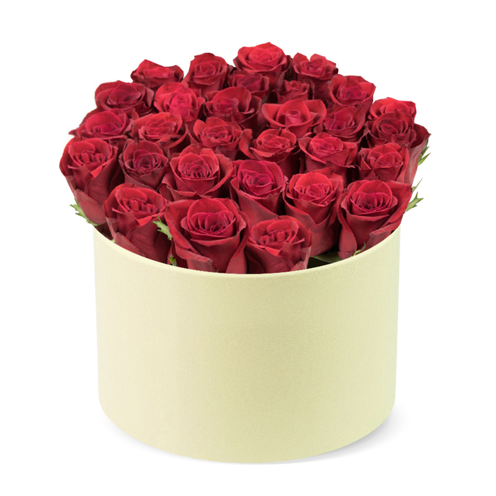 A stunning, high-quality arrangement of deep red roses fills a round, ivory-toned cylindrical box with a smooth matte finish. The petals are tightly furled, with some buds hinting at a careful spiral just beneath the surface, while dark green foliage threads softly through the heads, adding freshness and depth. The container's pale color makes the crimson blooms leap-like jewelry set against a soft, velvet backdrop. The image is photographed on a clean white surface, isolating the gift and allowing the craftsmanship to speak: precise placement, even density, and a gentle rise above the rim that signals thoughtful design. The mood is refined romance and generous gifting, suitable for Valentine's Day, anniversaries, or a grand expression of appreciation. In the East Finchley scene, this elegant box could brighten a doorstep or grace a quiet North London living room, delivered with care to East Finchley and its surrounding communities. It's a statement of sentiment-classic, elegant, and enduring-crafted for those who value both beauty and restraint.