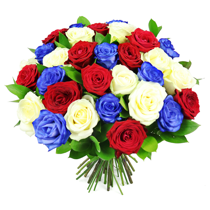 In this image, a luxurious hand-tied bouquet of roses forms a near-perfect sphere, composed entirely of three resonant hues: rich crimson red, creamy white, and vivid royal blue. The arrangement is dense and intentionally crafted, with each rose head placed closely so the petals meet to create a seamless dome of colour and texture. The red roses appear opulent and classic, their velvety petals folding inwards in lush spirals that catch subtle highlights from the soft lighting. The white roses bring a sense of calm and clarity, their slightly creamy tones complementing rather than starkly contrasting the deeper shades. The blue roses, saturated and dramatic, immediately suggest a patriotic sentiment and lend the bouquet a contemporary edge that distinguishes it from more traditional rose clusters. Threaded throughout are touches of dark green foliage, polished and glossy, which peek between blooms to add depth and a gentle suggestion of the stems and structure beneath. At the base, a tight bundle of green stems is neatly trimmed, uniform in length, clearly ready to be slipped into a favourite vase in an East Finchley home off East End Road or near Cherry Tree Wood. The bouquet is photographed against a clean white background with even, diffused lighting, so each petal, edge, and subtle shadow is visible. The overall impression is one of dignified celebration-a bouquet suitable for remembrance services, national observances, or as a thoughtful tribute delivered by East Finchley Flowers to loved ones who value both elegance and meaningful symbolism.