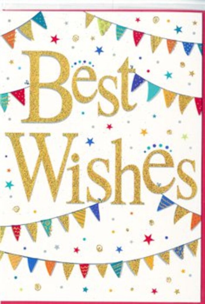 In this image, a stylish congratulations card is presented so clearly that every detail of its celebratory design feels tangible, as if you could reach out from East Finchley and touch it. Dominating the centre of the card are the words Best Wishes, written in bold, fluid cursive that flows gracefully from left to right. The script is rendered in shimmering gold foil, which looks slightly embossed against the smooth white surface. This gives the lettering a subtle three-dimensional quality, like the gentle ridge of high-quality stationery, and allows the gold to gleam as though catching the soft reflection of evening lights along the High Road. Surrounding the central message, garlands of bunting curve in loose arcs above and below, creating a sense of movement and framing the words as if hanging across a festive street. Each miniature triangular flag bursts with colour: deep jewel reds and blues, bright greens, and sunny yellows. Some triangles are adorned with tiny polka dots, others with slim stripes or playful patterns, bringing to mind hand-painted decorations at a community fair near Cherry Tree Wood. Between these bunting lines hover small stars and round confetti-like dots in corresponding shades of gold, pink, blue, and green, scattered with an easy, natural rhythm. The clean white background keeps the overall effect bright and uncluttered, highlighting the shimmer of the gold script and the joyful bunting colours. The card's mood is warmly encouraging and genuinely happy, ideal for nestling into a bouquet from East Finchley Flowers to congratulate someone on a promotion, a new school, or any milestone. It embodies the spirit of wishing someone well from the heart, capturing the feeling of a shared smile and a sincere well done that travels wherever your flowers are delivered in N2.