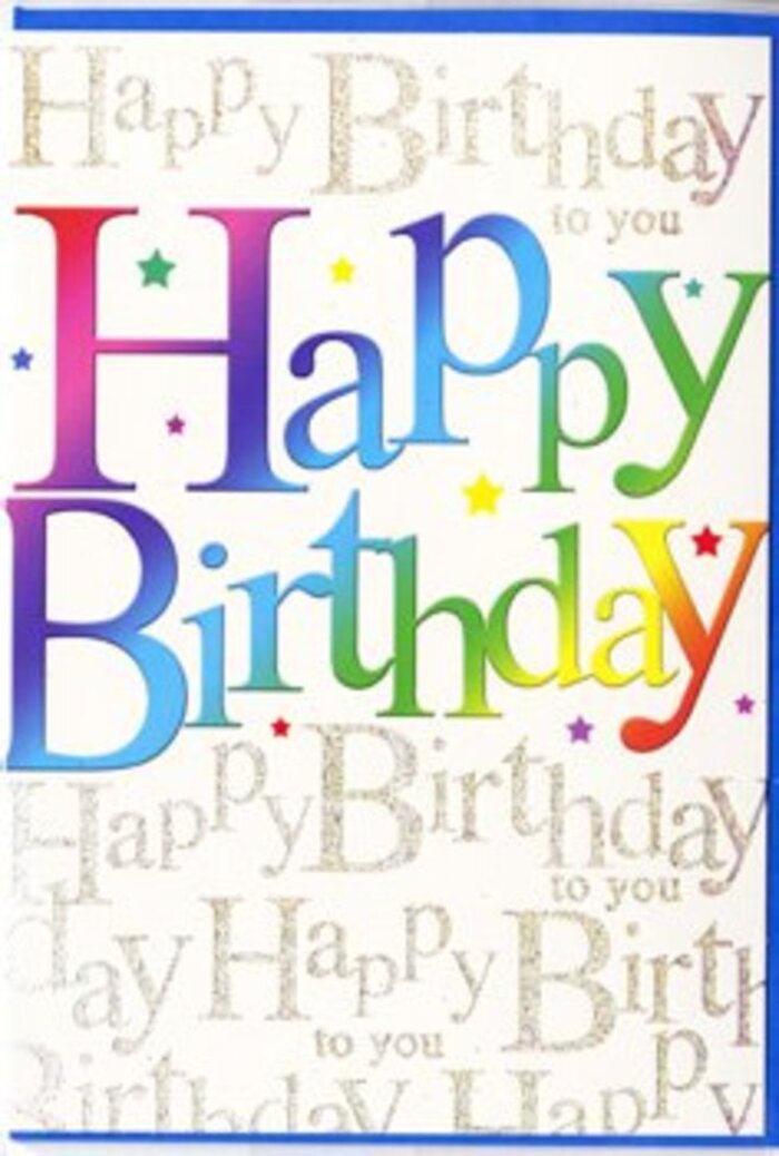 This birthday card is a bright, contemporary celebration on cardstock, much like the cheerful mix of colours found in the windows of East Finchley's independent shops. The central focus is the greeting Happy Birthday, set in large, rounded block letters that seem to hover slightly above the surface. Each letter is painted with a rich gradient of colour that blends gradually from velvety reds and pinks into deep blues, then softening into teal, fresh green, and finally a warm, golden yellow at the edges. The smooth transitions give the impression of soft brushstrokes, similar to the way colours merge naturally in a florist's arrangement from East Finchley Flowers. Behind this bold declaration, the entire background is covered with delicate lines of gold script, repeating the words Happy Birthday to you in an elegant, looping handwriting. The golden writing is fine and slightly smaller than the main text, forming an almost musical pattern that runs in horizontal bands from one side of the card to the other. The metallic finish of the gold suggests a subtle foil or shimmering ink, catching and reflecting light as the card is moved, like sunlight glinting through leaves near Cherry Tree Wood. Scattered lightly around the main phrase are tiny decorative shapes-small stars, dots, and flecks in bright colours-that mimic the joyful scatter of confetti across a party table in a High Road restaurant. The background colour is a crisp, clean white or very pale cream, bringing both the rainbow letters and the golden script into sharp focus. The card's surface looks pleasantly smooth, likely with a satin or light gloss finish that feels cool and sleek to the touch. Altogether, the design feels both playful and refined, a perfect way to send birthday wishes that feel special and memorable in the heart of N2.