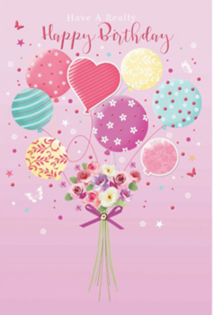 This delightful birthday design conjures the feeling of a light-hearted celebration unfolding somewhere in East Finchley, captured in pastel balloons and softly blooming flowers. The backdrop is a mellow pink, calming and cheerful, like the gentle glow of late afternoon near East Finchley station. Floating at the centre is a bundle of balloons, their strings converging at a floral base that seems to hover just above the ground. The balloons themselves are painted in tender hues of rose, seafoam, teal, lemon, and violet, each one subtly different. Some carry swirling ribbons, others are sprinkled with polka dots, while a few are brushed with delicate floral patterns that echo the planted borders around Cherry Tree Wood. Below this airy display, a bouquet of flowers forms a compact, hand-tied cluster. The blooms are imagined as freshly cut, their petals layered in soft shades of cream, blush pink, and dusty mauve. They appear velvety and gently curved, as though cool and moist from a morning conditioning in a florist's studio. A purple satin bow wraps the stems at the base, its sheen catching highlights that mirror the shine on the balloons above. The lighting is bright yet diffused, as if coming from a large window overlooking the High Road, lending each balloon and petal a subtle gleam while leaving edges softly blurred. The overall effect is one of poised whimsy: the scene feels both playful and carefully crafted, like a birthday greeting chosen with real care. It suggests a birthday moment in N2 where flowers, colour, and imagination come together in a single, joyful composition.