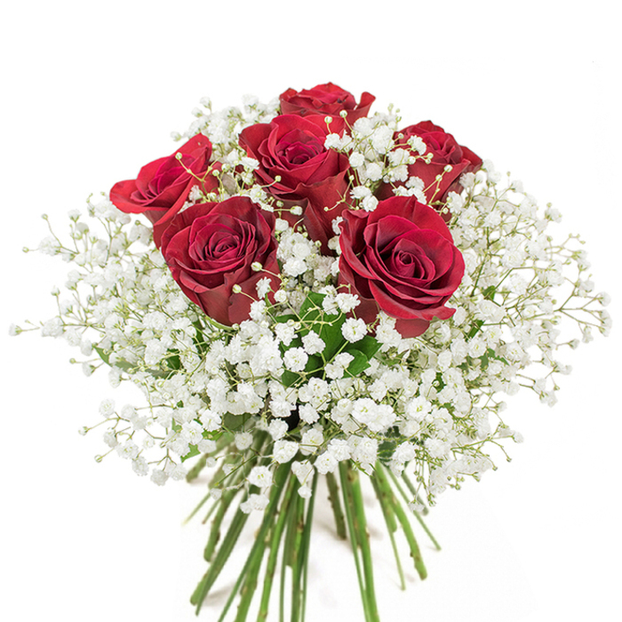 I often craft arrangements like this one: a compact, rounded bouquet of approximately eighteen to twenty richly coloured red roses encircled by airy sprays of white gypsophila, all set in a transparent glass vase that lays bare the long, green stems. Each rose is selected for its lush, velvety petals and fully opened cup, the crimson hue deep and saturated at the heart yet catching light at the edges to reveal subtle tonal variation; the baby's breath drifts between blooms in feathery clusters, its tiny white florets imparting an innocent, cloud-like softness that balances the roses' intensity. The composition is deliberately tight and symmetrical so that the eye moves around the bouquet in a calm, steady rhythm, and the visible stems give an architectural honesty to the design. Smell, too, is part of the experience: a quiet, familiar rose fragrance with faint sweet undertones that invites a closer moment of attention. Set against a crisp white background the colours sing with clarity, and the overall effect is classic, emotive, and flattering for intimate celebrations - anniversaries, proposals, or when a simple 'I love you' needs to be made tangible. As a local florist who shops at nearby markets and often walks patrols of Church Lane and Fortis Green for seasonal inspiration, I value this bouquet's timeless language: confident, tender, and handcrafted with steady hands for anyone wanting to express deep affection.