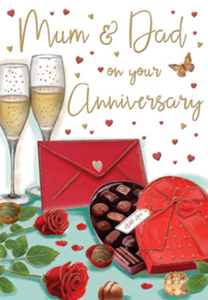 This illustrated anniversary card paints a tender, celebratory moment with rich colour and thoughtful detail, as if capturing the end of a memorable evening in an East Finchley home. In the centre, a pair of champagne flutes rises from the table, their glass surfaces catching a mellow light reminiscent of sunset over nearby Cherry Tree Wood. Each flute is filled with clear, golden champagne; delicate bubbles climb through the fizz, frozen just before the glasses meet in an affectionate toast. Nearby, a heart-shaped chocolate box in a deep shade of red sits partly open, its lid tipped back to reveal carefully aligned rows of chocolates, some smooth and glossy, others dusted or textured. A dramatic red bow crowns the box, its satin loops and trailing ends rendered with enough detail to hint at their soft, silky feel. In the foreground, two beautiful red roses are laid gently on the table, their plush petals unfurling in generous spirals of crimson and burgundy tones. Fresh green leaves, textured and slightly glossy, cradle the blooms, evoking the look of a bouquet expertly chosen earlier that day from East Finchley Flowers. At the base of the composition, a rich scarlet envelope sits neatly, sealed and slightly tilted, suggesting a handwritten anniversary message that carries all the unspoken love between Mum and Dad. Scattered across the light background, small hearts in gold and dark red drift like confetti, circling the hand-scripted greeting and adding a glimmer that feels like fairy lights along the High Road on an autumn evening. The overall impression is intimate and heartfelt, a card that reflects years of companionship, quiet celebrations, and the simple luxury of sharing chocolates, champagne, and flowers together.