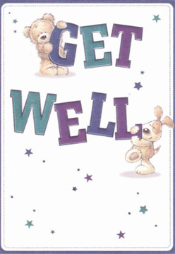 Offering instant comfort and lightness, this delightful get well card captures the emotional warmth that East Finchley Flowers infuses into every arrangement, from Midhurst Avenue to the heart of N2. Atop the bold word 'GET,' an inviting teddy bear rests, while a sprightly puppy cozies up to the 'WELL' below, both characters exuding affection and playful hope. Their gently rounded forms and expressive faces radiate reassurance, much like the careful placement of blooms to brighten a neighbour's day. Deep purple and teal hues enrich the text, standing out against a crisp white background that feels as refreshing as a gentle breeze through East Finchley's open spaces. Softly scattered stars in blues and violets float across the scene, adding a sense of magical possibility and childlike optimism. The lovingly textured illustration of fur suggests the comforting touch of petals against the palm-each detail crafted with mindful attention, echoing the artistry that defines local arrangements. The mood evokes the quiet support exchanged along East End Road-uplifting and nurturing, perfect for sending heartfelt get well wishes anywhere from local hospitals to family homes under the N2 skies.