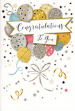 This congratulations card offers a scene of gentle festivity, as if a pocket-sized party were unfolding right on the front, perfect for sending warm wishes across East Finchley. Dominating the centre is a soft, ribbon-like banner, lightly curved and edged with fine gold lines, giving it a graceful, floating appearance. On this banner, the words Congratulations To You shimmer in ornate golden calligraphy, the flowing letters adding a touch of refinement and ceremony. Above and behind the banner rises a lush arrangement of illustrated balloons, layered one in front of the other to create a feeling of fullness and depth. The balloons are round and softly glowing, in a blend of champagne gold, polished silver, sky blue, blush pink, and cool grey tones. Their surfaces are decorated with delicate patterns-sprinkled stars, slim stripes, and tiny gleaming dots-that mimic the effect of glitter and metallic ink. From each balloon, fine ribbons trail downward in loose curls of metallic gold and silver, intertwining like festive streamers at a gathering near Cherry Tree Wood. The backdrop remains calm and airy, a pale neutral field scattered with minute stars, dots, and swirls of confetti that appear to drift lazily across the card. The overall mood is uplifting, polished, and full of heartfelt pride. As a florist regularly helping East Finchley residents choose cards to accompany their bouquets, I see this design as ideal for marking milestones such as graduations, new jobs, promotions, or any achievement where you want your congratulations to feel joyful, sincere, and just a little bit glamorous.