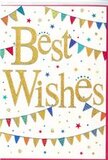 The card shown in the photograph radiates simple, joyful celebration, perfectly suited to life's happy moments around East Finchley. At its centre, the phrase Best Wishes is written in broad, sweeping cursive, rendered in polished gold foil that seems to glow warmly against the pure white background. The script appears slightly raised, suggesting a smooth, tactile finish you could feel with your fingertips, much like the embossed tag on a carefully wrapped bouquet. Gently encircling this golden message, strings of bunting arch across the top and bottom of the card, curving like festive garlands draped between trees near Cherry Tree Wood. Each small triangle is brightly coloured-vivid reds, blues, greens, and yellows-and detailed with tiny patterns: fine stripes, scattered dots, and playful motifs that give the impression of hand-crafted care. Between these colourful sweeps of bunting, small stars and confetti-style dots are scattered in soft clusters, echoing the moment confetti lifts and hangs in the air above a celebration. Some are golden, others tinted in lively hues that match the flags, all contributing to a sense of cheerful movement and sparkle without crowding the design. The white space around them keeps everything fresh and airy, allowing the gold lettering and bunting colours to stand out clearly. The overall feeling is upbeat, supportive, and optimistic, making it the perfect card to accompany flowers delivered to mark exam success, a new job, or a housewarming off the High Road. It looks like a captured burst of good news, offering heartfelt encouragement and shared joy to whoever receives it in East Finchley.
