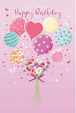 This birthday illustration captures a gentle, buoyant joy, as if a pastel celebration were drifting over the rooftops of East Finchley. The background is a soft, powdery pink that cradles the entire scene in warmth. At the centre, a cluster of balloons seems to rise with effortless ease, as though just released from a party near East End Road. The balloons glow in shades of blush, sea green, teal, lemon, and lavender, with playful decorations that add character: swirling ribbon stripes, bouncing polka dots, and small floral patterns that recall the colourful gardens and window boxes near Cherry Tree Wood. From this airy gathering, a small hand-tied bouquet hangs gracefully, forming the visual heart of the piece. The flowers look freshly arranged, their petals unfolding in creamy ivory, pale blush, and muted mauve, with a texture that suggests soft velvet and delicate ruffles beneath the fingertips. They cluster together tightly, creating a sense of abundance despite their dainty size. A purple satin bow secures the stems, its rich colour and gentle sheen adding a final note of elegance. Light spills across the composition in a soft, even wash, accentuating the gentle curves of the balloons and giving the petals a quiet, luminous glow. Subtle shadows underneath the bouquet and between the balloons help the scene feel layered and real without losing its dreamy quality. Overall, the design radiates tender celebration-perfect for a birthday card or gift that feels personal and heartfelt, the sort of pastel beauty you might expect from a thoughtful local florist in East Finchley creating something special for an N2 birthday delivery.