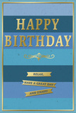 This birthday card radiates peaceful celebration, its blue and gold palette echoing the quiet charm of East Finchley's tree-lined streets. The front is entirely covered with broad, horizontal blue stripes, stacked like gentle layers of sky. At the top, the blue is pale and soft, then becomes gradually richer through teal and ocean tones, finally settling into a deep navy band at the base. The resulting ombre effect feels both tranquil and expansive, drawing the eye inward. In the centre, the greeting HAPPY BIRTHDAY is embossed in generous gold capital letters. The metallic finish adds a warm glimmer, and the raised texture of the lettering gives it a tactile presence that hints at careful craftsmanship. Directly beneath this main message, a decorative golden flourish sweeps across the card, its curves reminiscent of classic calligraphy flourishes or the elegant ironwork you might glimpse on older homes around the High Road. Below the flourish, three slim gold banners rest in a neat vertical stack, each one carrying part of the gentle instruction: Relax, have a great day and enjoy! The words feel like a soft-spoken reminder to pause and savour the occasion. Encircling the entire composition is a fine gold border that ties all the elements together and provides a polished finish. The card stock looks smooth and weighty, with the interplay between matte blue and gleaming gold offering subtle visual richness. Imagined propped beside a fresh birthday arrangement from East Finchley Flowers, this card would bring a sense of composed, heartfelt joy to any local celebration, from a quiet family tea to a relaxed gathering with close friends.
