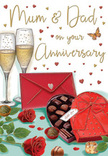 In this anniversary card design, the artist creates a scene that feels both indulgent and deeply personal, like a quiet celebration tucked away in a home near East Finchley's High Road. At the heart of the illustration stand two slender champagne flutes, their stems long and elegant, their bowls brimming with pale golden fizz. Fine bubbles rise in gentle lines, capturing that suspended moment before a cheerful clink of glass signals another year of life shared. To the side rests a striking heart-shaped box of chocolates, rendered in a rich, romantic red. Its lid is eased back to reveal a generous selection of chocolates, neatly arranged and gleaming softly, as though catching warm lamplight. A bold red satin bow sits proudly across the box, its loops rounded and full, its ribbon ends curling like the finishing touch on a well-wrapped gift. In front, two red roses are placed carefully on the tabletop, their velvety petals spiralling outwards in layered shades of crimson, supported by a spray of fresh green leaves suggestive of stems freshly prepared in a local East Finchley florist's studio. A vivid scarlet envelope, perfectly sealed, lies invitingly at the base, hinting at a handwritten anniversary note for Mum and Dad, brimming with affection and gratitude. All around, delicate hearts in shimmering gold and deep red drift across a pale background, swirling around the cursive greeting that crowns the card. The composition glows with the soft intimacy of an evening at home-champagne in hand, chocolates open, roses nearby-celebrating not just an anniversary, but the comfort and joy of a love that has grown stronger over time.